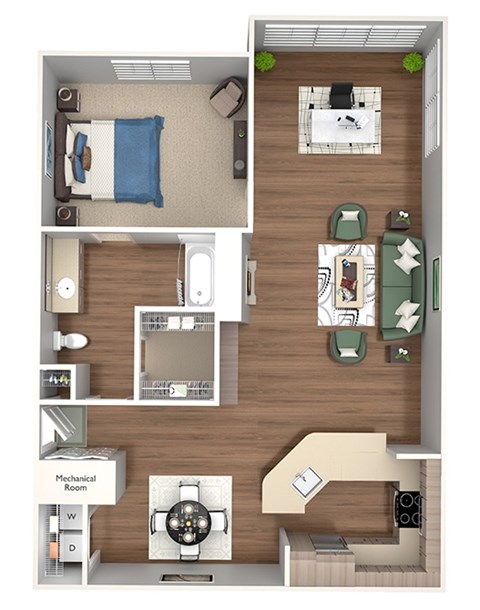 Floor plan for 1 bed, 1 bath, 949 sqft